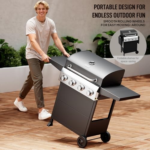 ROVSUN 4 Burner Propane Gas Grill with Foldable Side Shelves, 40000BTU BBQ Grills with Enameled Cast Iron Grates, Cabinet & Poratable Rolling Wheels for Outdoor Garden Patio Backyard Barbecue Cooking - Image 5