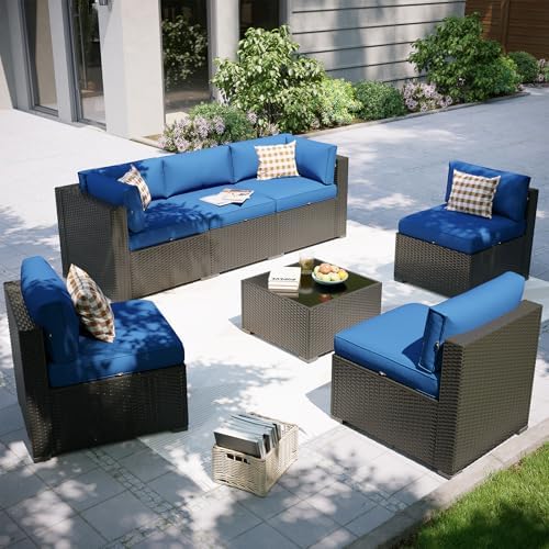Aoxun Patio Furniture Set, 7 Piece Outdoor Sectional Sofas with Think Cushions, Wicker Rattan Outdoor Furniture Patio Conversation Set for Backyard, Garden Navy Blue by Aoxun