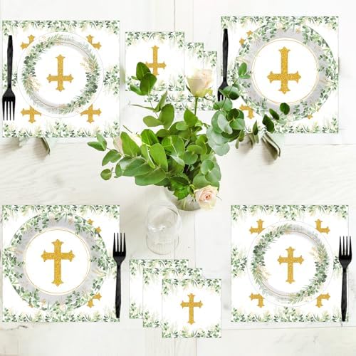 God Bless Tableware Set Baptism Plates First Holy Communion Plates and Napkins Mi Bautizo Eucalyptus Leaves Sage Disposable Dinnerware for Christening Baby Shower Party Supplies Serve 24 - Image 6