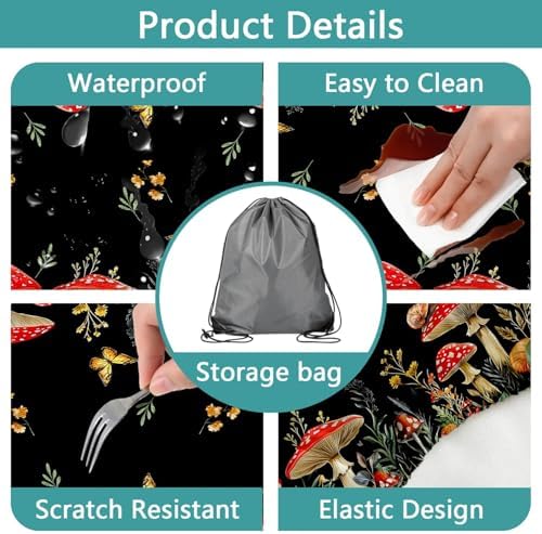 Mushroom Picnic Table Cover with Bench Covers, Camping Essentials, Waterproof Windproof Camping Tablecloth, Fitted Tablecloth Cover with Elastic Edge, for Indoor & Outdoor, Garden, 3 PCS, 30x72 Inch - Image 4