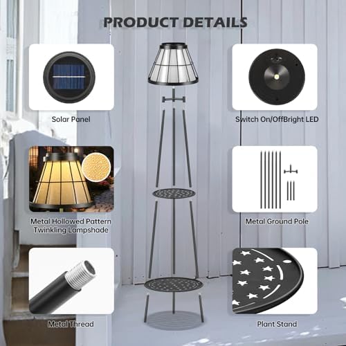 MXwcy 2-Tier Solar Plant Stand with Light, Modern Outdoor Floor Lamp with Classic Grid Lantern, Waterproof Tall Metal Planter Display Rack for Patio, Porch, Balcony, Garden Decor (2 Pack) - Image 5