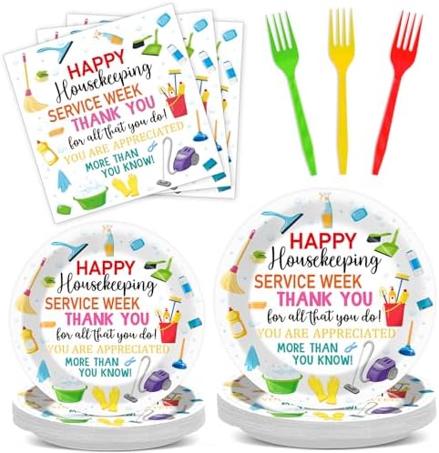 96Pcs Colorful Happy Housekeeping Week Paper Plates and Napkins We Appreciate You Disposable Tableware Thanks for All You Do Party Plate for 24 Guests Housekeepers Appreciation Party Supplies by Oitnlaughter