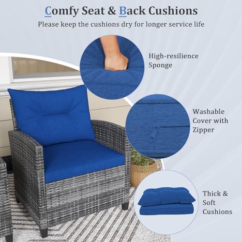 KOTEK 3 Piece Patio Furniture Set, Outdoor PE Rattan Conversation Set with Washable Cushions & Tempered Glass Tabletop, Wicker Chairs and Table Set for Porch, Garden, Balcony (Navy) - Image 4