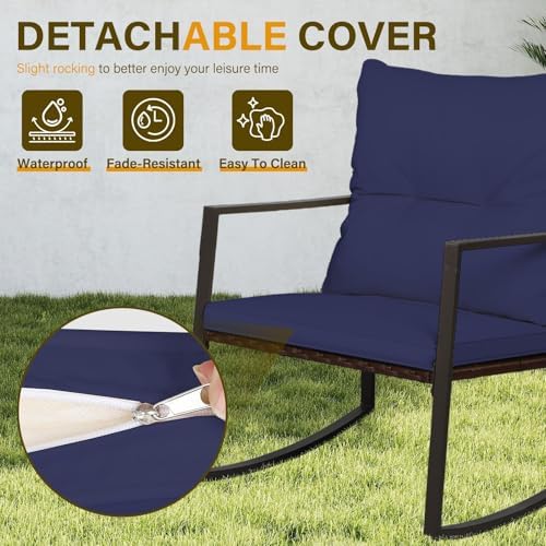 SUNCROWN 3 Piece Outdoor Rocking Bistro Set Brown Wicker Furniture Porch Chairs Conversation Sets with Glass Coffee Table, Dark Blue - Image 5
