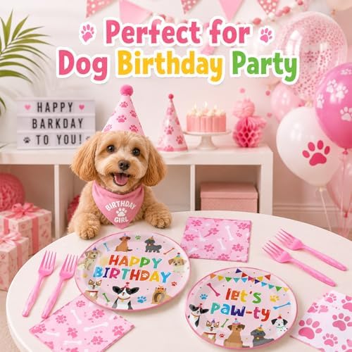 96 Pcs Puppy Birthday Party Decorations Pink Dog Plates and Napkins Dog Paw Party Paper Plates Dinnerware Set Lets Pawty Theme Tableware for Girls Serve 24 Puppy Pet Paw Print Birthday Supplies Pawty - Image 5