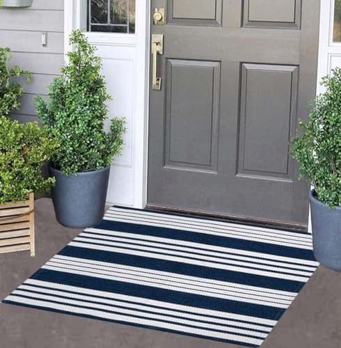 Blue and White Striped Doormat 24"x35"Washable Farmhouse Front Porch Rug by BUAGETUP