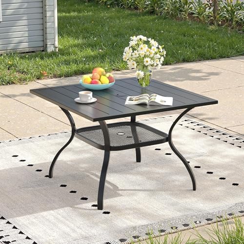 Outdoor Dining Table with Adjustable Umbrella Hole, 37.8" All-Weather Square Patio Dining Table for 4, Metal Patio Table for Garden Lawn Porch Deck Yard, Black by ProvideOutdoorSolutions