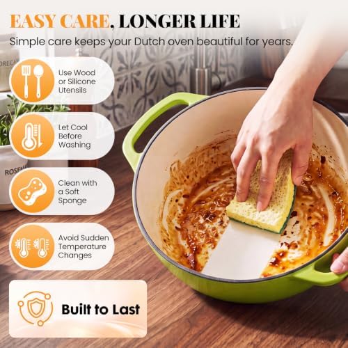 NEWBULIG Enamel Cast Iron Dutch Oven, 6 Quart Pot with Lid, Green - Image 5