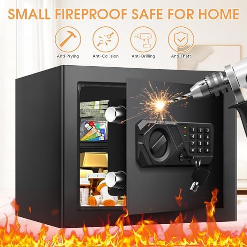 1.2 Cub Small Fireproof Safes for Home, Digital Home Safe Fireproof Waterproof with Programmable Keypad, Spare Keys and Removable Shelf, Fire Safe Box for Document Money Valuables - Image 2