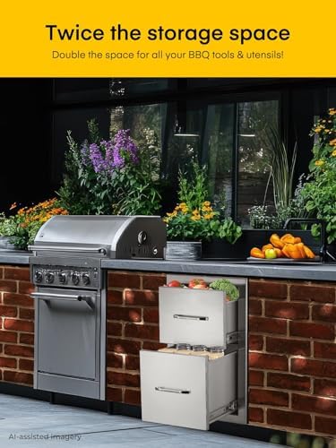 FOHERE Outdoor Kitchen Drawers Stainless Steel 2-Drawer 13" W x 20.5" H x 20.9" D, Built-in Drawer Flush Mount Double BBQ Access Drawers for BBQ Islands and Patio Grill Areas - Image 2