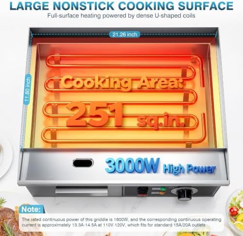 IRONWALLS Commercial Electric Griddle 22”, 3000W Electric Flat Top Griddle Grill Indoor, 122~572℉ Adjustable Temperature Control, Non-stick Stainless Steel Grill for Restaurant, Fits for 20-Amp Outlet - Image 2