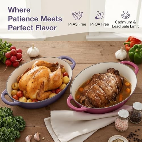 Oval Dutch Oven for Bread Baking, 4.5 Quart Non Stick Enameled Cast Iron Dutch Oven Pot with Lid, Oven Safe Oval Casserole with Lid up to 500°F for Baking, Braising, Stews, Roasting, Purple - Image 2