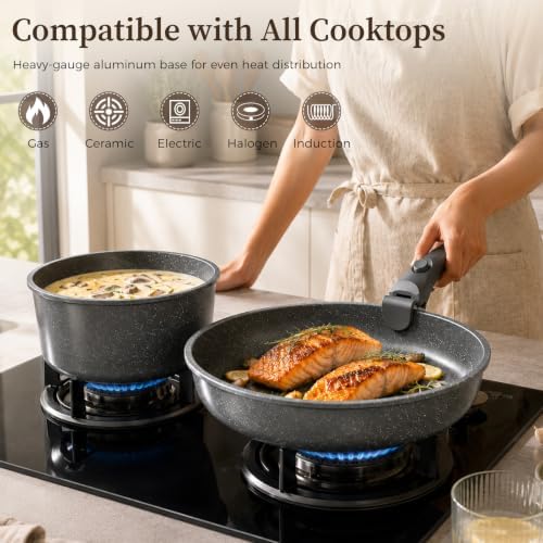 YASHE 9Pcs Granite Nonstick Pots and Pans Set, Stackable, Oven Safe - Image 4