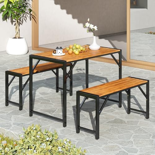 Tangkula 3-Pieces Patio Dining Set for 4 People, Outdoor Picnic Table & 2 Benches, 44" Acacia Wood Dining Table w/Metal Frame, Space-Saving Dinette Set for Garden Porch Poolside Yard Balcony - Image 3