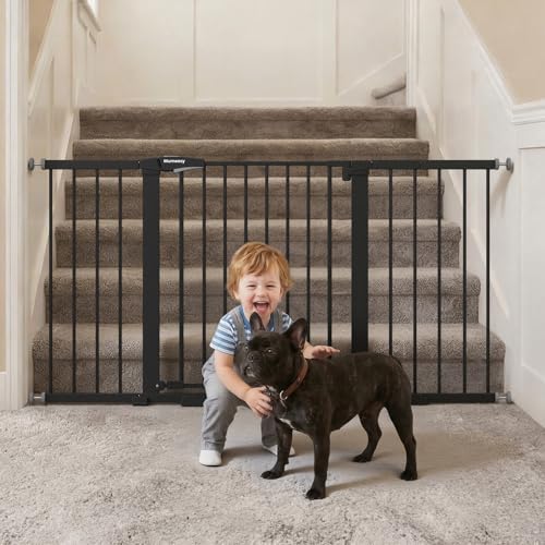 Mumeasy 29.7-57" Extra Wide Baby Gate for Doorways, Auto Close Dog Gate Indoor for Stairs, No-Drill Pressure Mounted Pet Gate with Door, Easy Walk Thru Long&Large Safety Gate for House, Outdoor, Black by Mumeasy-FocusonBabyPetSafetyGate