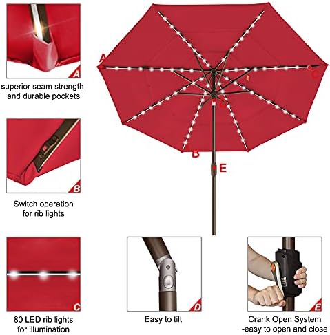 EliteShade USA 10-Year-Non-Fading 9ft 3-Tier Market Patio Umbrella, Commercial Table Umbrella with 80 Solar LED Lights, Crank Open, Windproof & UPF 50+ UV Protection for Garden, Deck, Pool, Backyard, Logo Red - Image 5