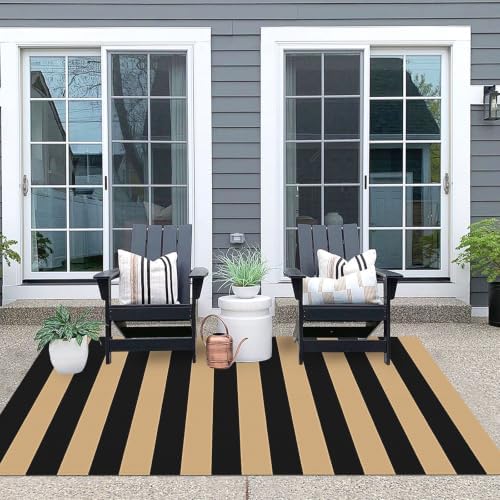 IOHOUZE 4x6 Striped Outdoor Rug, Washable Front Porch Doormat, Black/Tan - Image 3