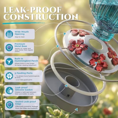 2 Pack Glass Hummingbird Feeder for Outdoors Hanging, Bird Nectar Feeder with Perch & 5 Flower Feeding Ports, 26 Oz Leak Proof for Outside Garden Decor Backyard, Gifts for Women Mom, Red + Blue - Image 5
