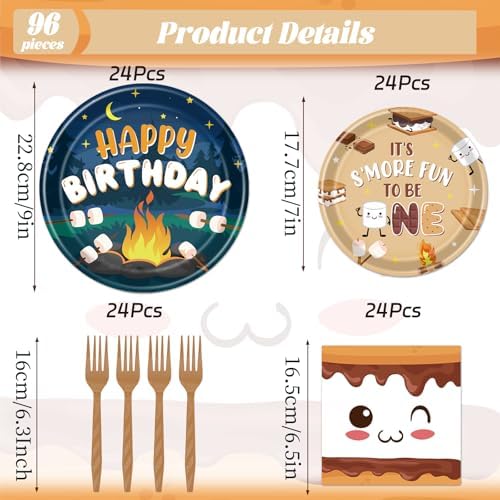 Gameza S'mores Camping Birthday Party Decorations, 96PCS Smore Fun to Be One Disposable Paper Plates and Napkin Tableware Bday Decorations, Camper Bonfire Theme 1st Decor Supplies Serves 24 - Image 2