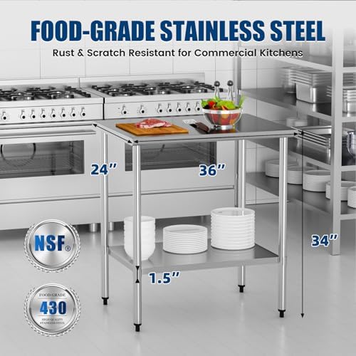 Stainless Steel Work Table 24 x 36 Inch with Adjustable Undershelf, Heavy-Duty Metal Prep Table for Commercial Kitchen & Restaurant, Garage, Outdoor - Image 3