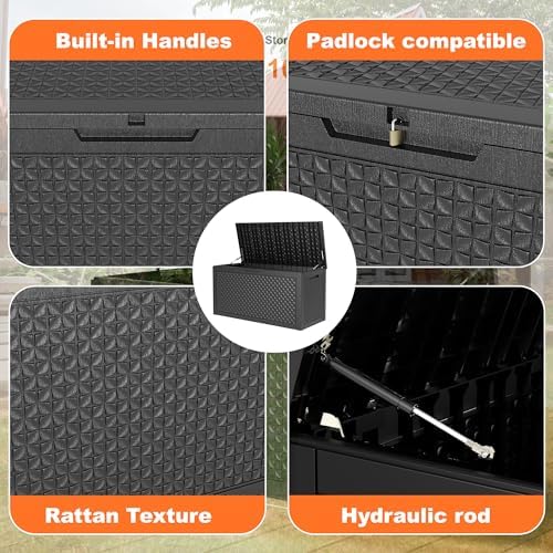DRATO 110 Gallon Deck Boxes Outdoor Waterproof, Resin Large Lockable Storage Box with Lid, Outdoor Storage Bench Patio Cushions Furniture, Garden Tools, Pool Accessories (Black, 110 Gallon) - Image 5