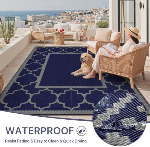 GENIMO Outdoor Rug, Waterproof Plastic Rugs for Patio, 9'x12' Blue Grey - Image 6