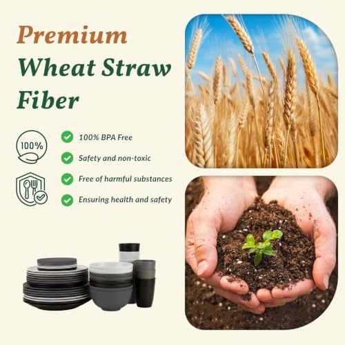 Homienly 40 PCS Kitchen Plates and Bowls Sets for 8 Wheat Straw Dinnerware Sets Microwave and Dishwasher Safe Camping Dish Set Plate Set, Kids, Reusable, Unbreakable, Lightweight-BlackGrey - Image 3