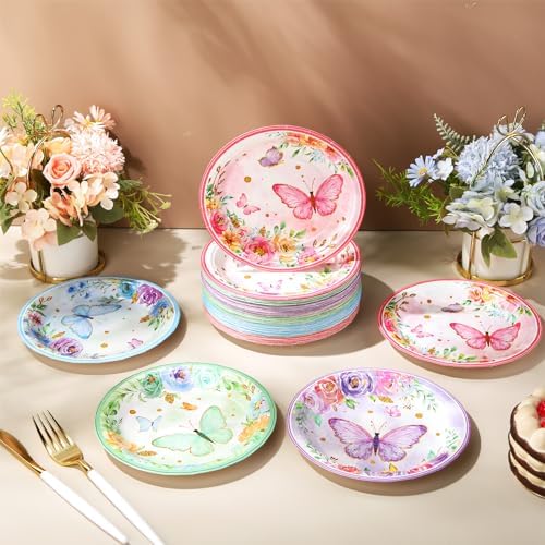 80 Pieces Butterfly Birthday Party Plates, 7 Inch Butterfly Paper Plates Spring Floral Disposable Dinnerware Decoration for Baby Shower Bridal Wedding Party Supplies - Image 4