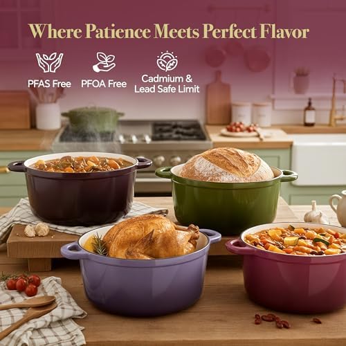 4.5 Quart Dutch Oven Pot with Lid, Non Stick Enameled Cast Iron Dutch Oven for Bread Baking, Heavy-Duty, Oven Safe Ceramic Cookware Up to 500°F for Baking, Braising, Stews, Roasting, Rose - Image 2