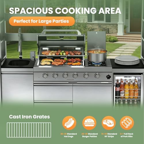 97" Stainless Steel Outdoor Kitchen Island with 4-Burner 72000 BTU,Propane Grill with Side Burner,Rotisserie Oven,Galvanized Steel Roof,Granite Countertops,Refrigerator,Sink.(Propane Gas) - Image 6