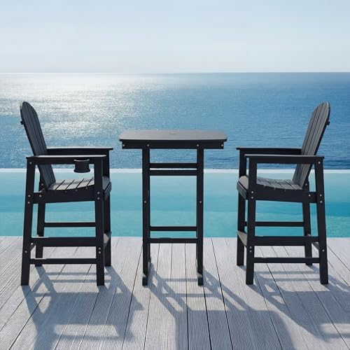 3-Piece HDPE Bar Height Table and Chairs Set, 42.1" Square High Top Pub Table with Umbrella Hole, 2 Adirondack Charis with Cup Holders, Outdoor Patio Dining Set for Bistro Backyard Deck Black - Image 3