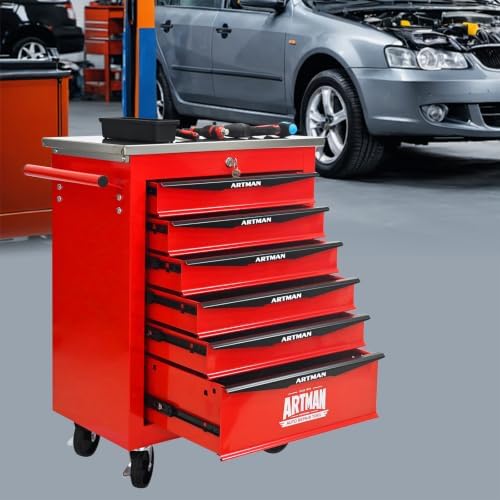6-Drawer Heavy-Duty Rolling Tool Chest with Wheels & Steel Roof, Lockable Tool Chest Storage Cabinet for Garage, Workshop, Warehouse, and Repair Shop - Image 2