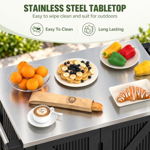 Outdoor Grill Cart with Stainless Steel Tabletop, Outdoor Kitchen Island with Storage Cabinet, Grill Cart with Folding Trash Can, 4 Wheels (2 Lockable) for Patio, Backyard, Garden and Poolside - Image 2