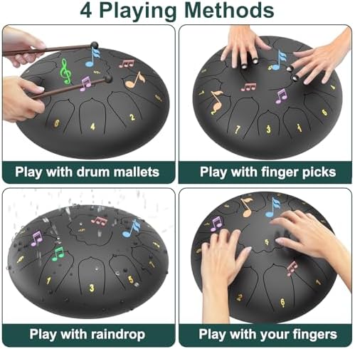 Large Steel Tongue Drum Handpan: 12 Inches 13 Notes Rain Drums for Outside Garden, Meditation Hand Pan with Music Book, Mallets and Carry Bag, Musical Instrument for Adult Kid Gift (Black) - Image 4