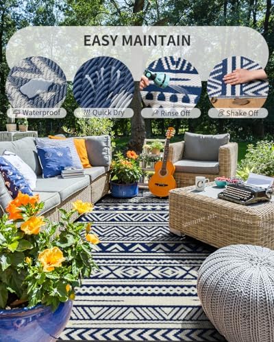 MontVoo-Outdoor Rug Carpet Waterproof 5x8 ft Reversible Patio Rug RV Camping Rug-Plastic Straw Rug Outside Indoor Outdoor Area Rug for Patio Deck Balcony Picnic Beach Outdoor Decor Boho Navy Blue - Image 2