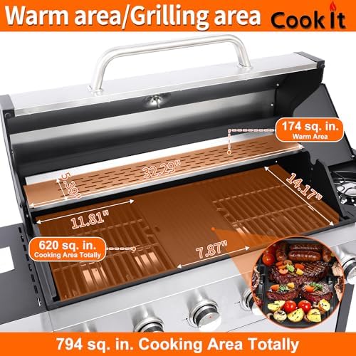 69000 BTU Output Propane Gas Grill with Side Burner and 6 Main Burners - Double-layer Stainless Steel Lid, Cast Iron Grids and Plate, Easy-Clean Grease Management for Perfect BBQs - Image 3