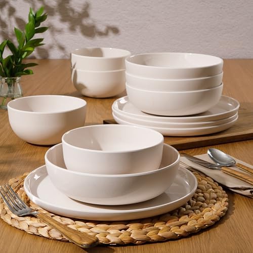 Gibson Home Candy Skies 12 Piece Unbreakable Wheat Straw Melamine Plates and Bowls Dinnerware Set - Outdoor, Camping, & Everyday Use - Matte Exterior/Shiny Interior Taupe Cream - Image 4