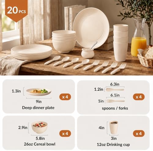 Homienly Wheat Straw Dinnerware Sets, 20pcs Lightweight Unbreakable Dinnerware, Microwave Dishwasher Safe Bowls Cups Forks Spoons set,Perfect for Camping Outdoor, Beige - Image 2