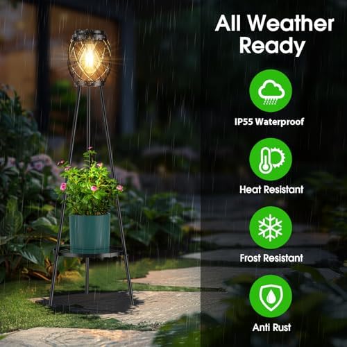 MXwcy Solar Floor Lamp with Plant Stands，Solar Lights Outdoor with Vintage LED Edison Bulbs, Weatherproof Garden Lights for Pathway, Patio, Yard, 8-10 Hours Lighting, IP55 Waterproof - Image 3