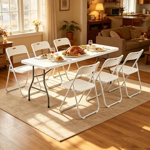 6 FT Foldable Table Set with 6 White Plastic Folding Chairs for 6 - Image 2
