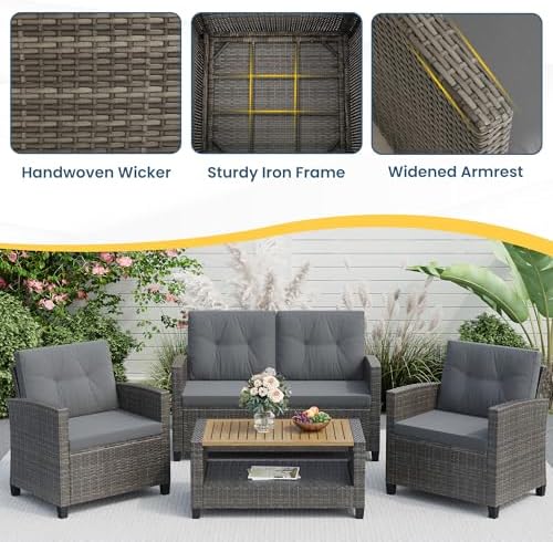 Wisteria Lane 4 Piece Patio Furniture Set, Wicker Outdoor Patio Conversation Furniture Set, All Weather Outdoor Patio Sofa with Cushion and Wood Table, Gray Wood - Image 5