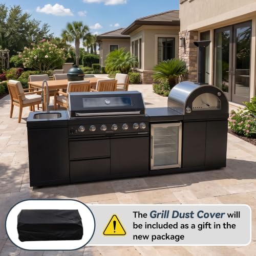 109" Black Outdoor Kitchen Island 6-Burner Propane Grill Pizza Oven Fridge - Image 4