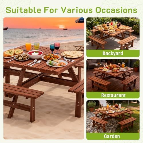 6-8 Person Square Picnic Table with Umbrella Hole Waterproof & Sturdy Cross StructureOutdoor Camping Wooden Dining Tables Set for Backyard Garden Camping Easy Clean,46.1",Brown - Image 7