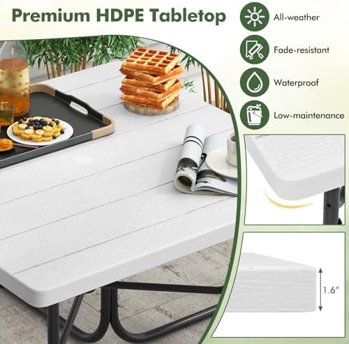 Moccha Picnic Table Bench Set - Outdoor Table and Chairs with Umbrella Hole, HDPE Tabletop & Metal Frame, 500LBS Capacity, Outdoor Camping Table for Garden Backyard Porch Patio Table Set (White) - Image 3