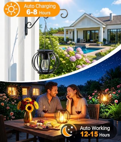 KOOPER Solar Lanterns Outdoor Waterproof, Upgraded Metal Hanging Solar Lights Outdoor Lanterns, Brighter Auto On/Off Outdoor Hanging Lantern for Yard Patio Pathway Porch Garden Decor 2 Pack - Image 2