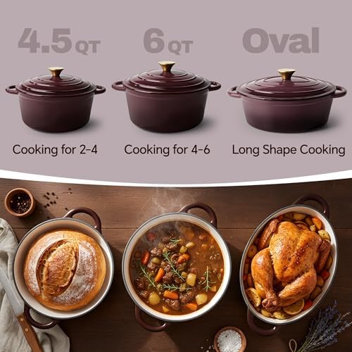Vintage Style Oval Dutch Oven for Bread Baking, 4.5 Quart Non Stick Enameled Cast Iron Dutch Oven Pot with Lid, Oven Safe Oval Casserole with Lid up to 500°F for Baking, Braising, Stews, Roasting, Fig - Image 3
