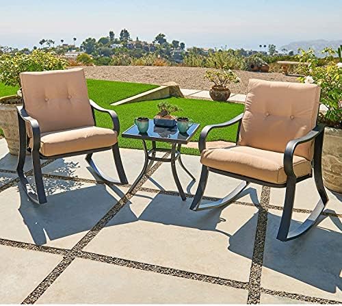Oakcloud Oakmont Outdoor Furniture 3 Piece Conversation Bistro Set Rocking Chairs and Glass Top Table, Thick Cushions, Black Steel (Brown) - Image 2