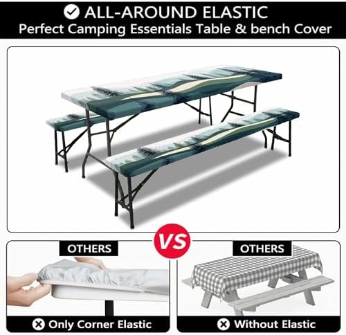 Picnic Table Cover with Bench Covers, Green Blue Camping Tablecloth Waterproof Windproof, Fitted Tablecloth Cover with Elastic Edge, for Indoor & Outdoor, Garden, Camping, 3 Pieces Set, 30x60 Inch - Image 6