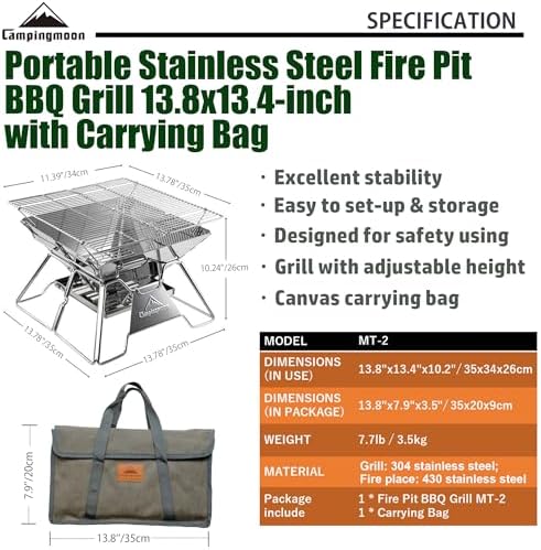 CAMPINGMOON Portable Fire Pit Grill 14 Inch Stainless Steel MT-2 - Image 2