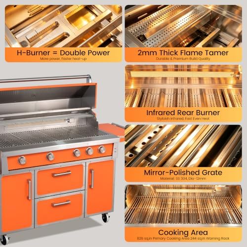 49" Orange Stainless Steel Grill, 4 Burners & Infrared Burner, Natural Gas - Image 6